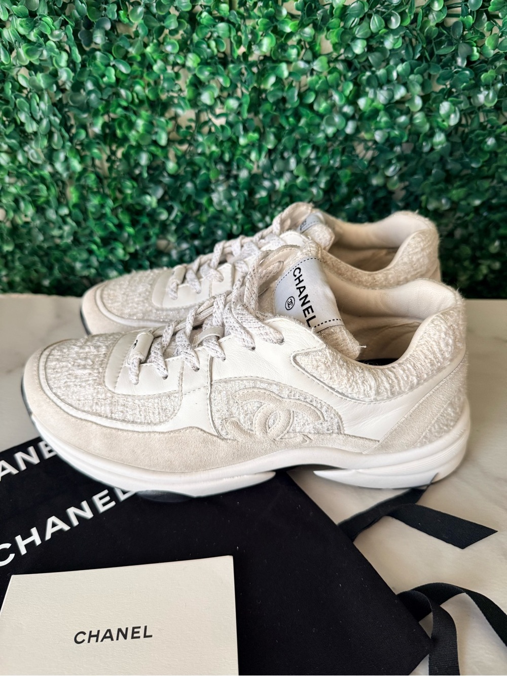 CHANEL White & Tweed CC Logo Trainer Sneakers Size 39 - Picture 3 of 14